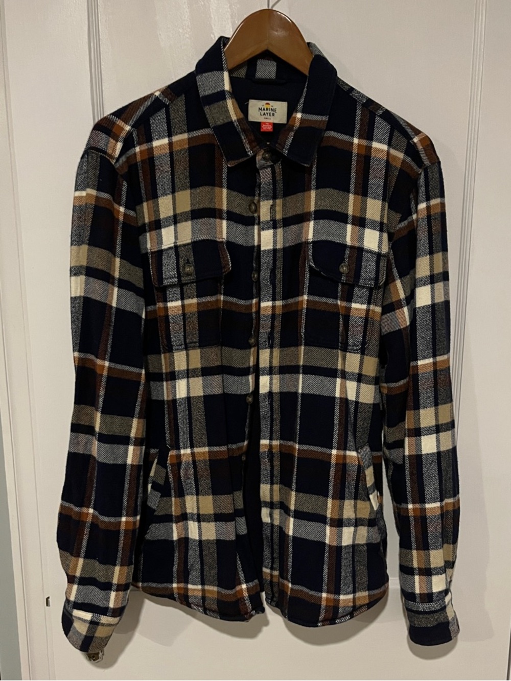 Marine Layer Navy Plaid Shirt Jacket with Cream and Brown Accents